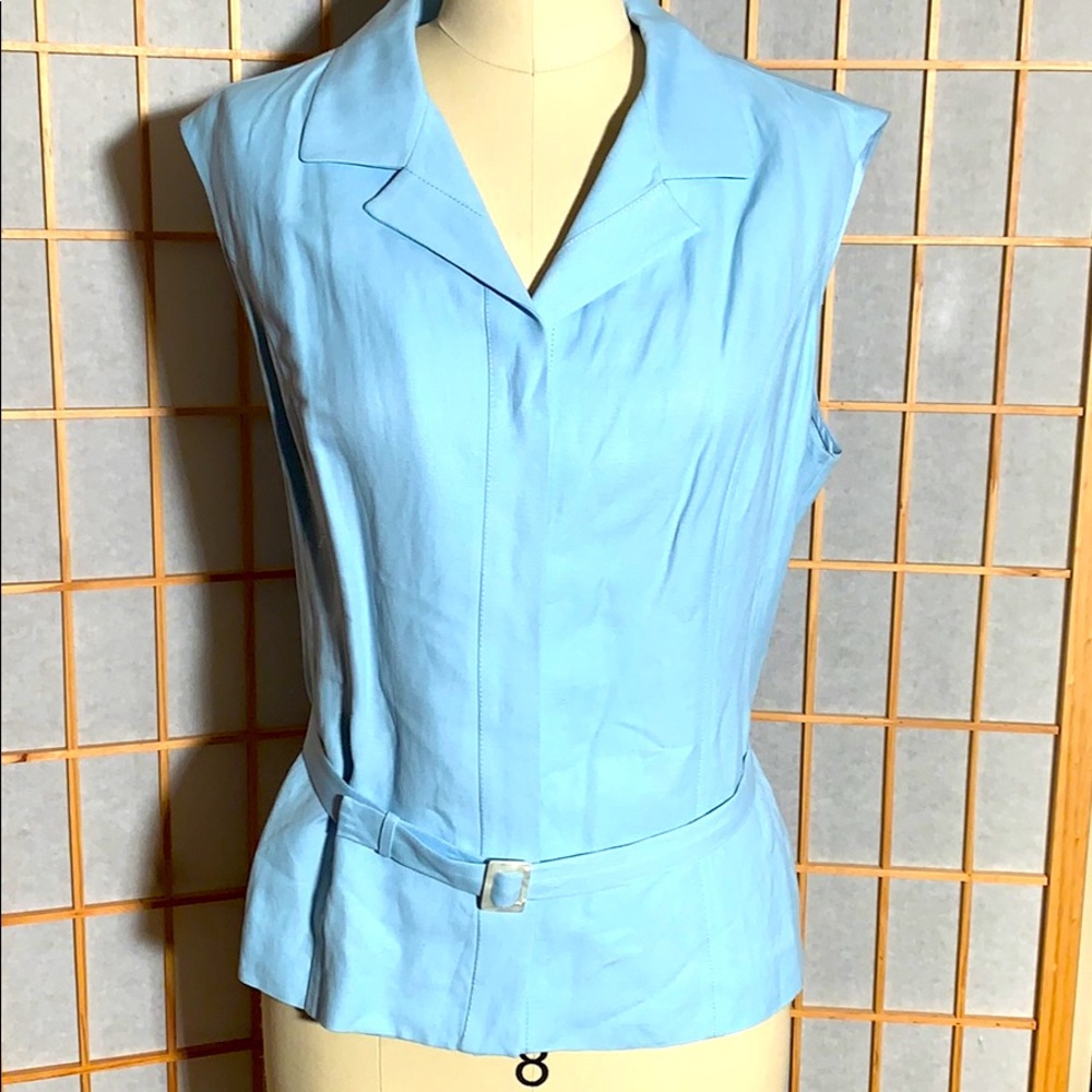 Etcetera, blue top w/hidden buttons and a belt
